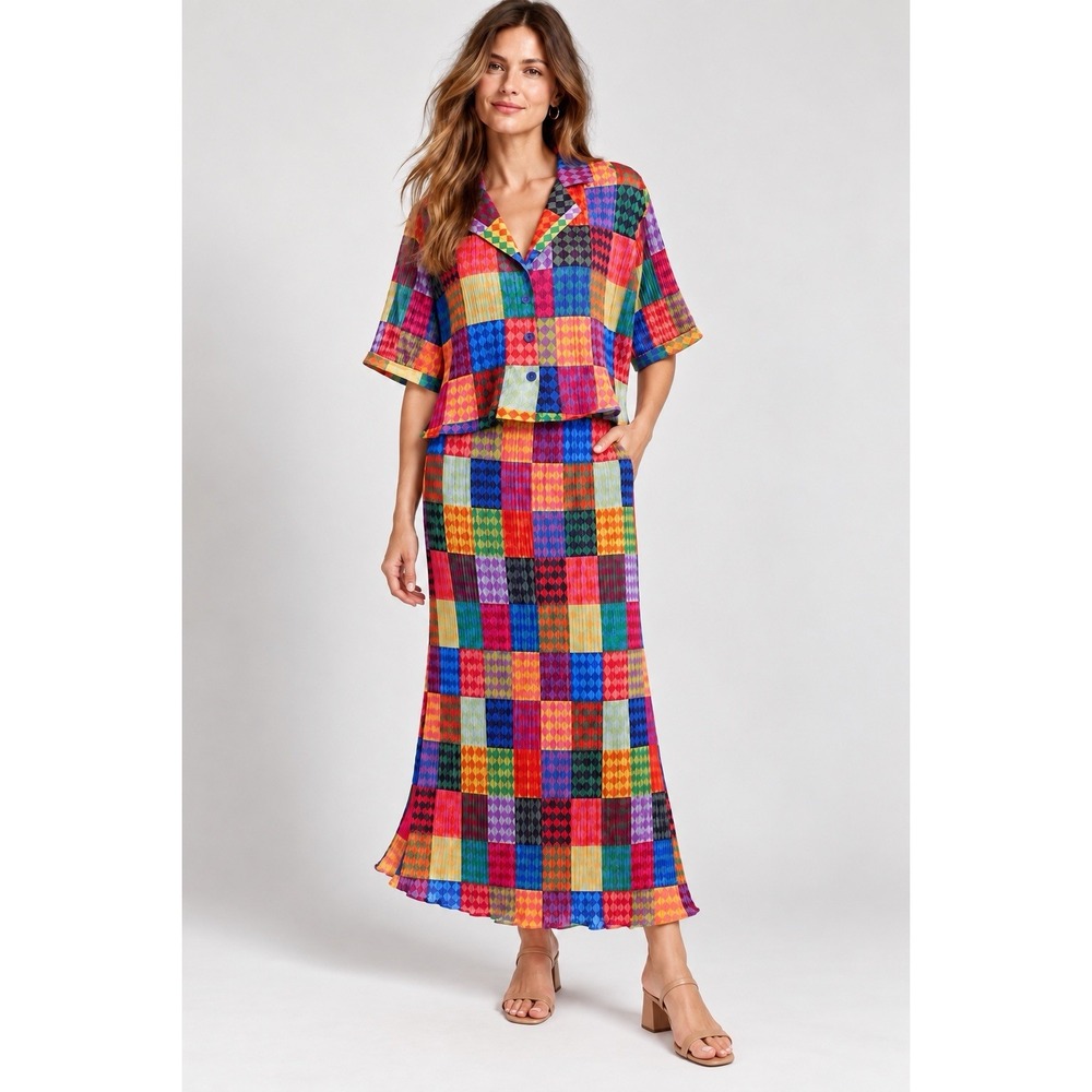 Dressed in Lala Est La Vie Plissé Fun House Patchwork Shirt & Skirt Set M